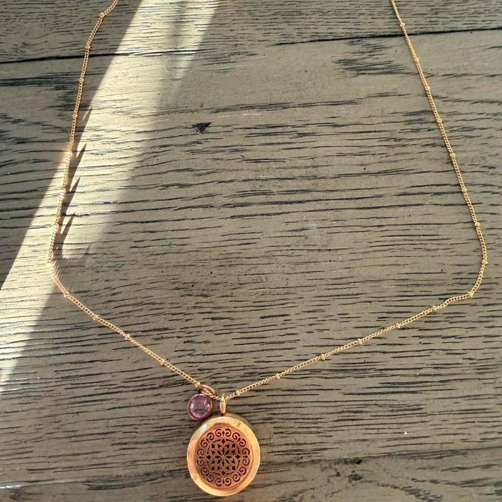 Gold Diffuser Locket Necklace Floral Filigree Amethyst Charm